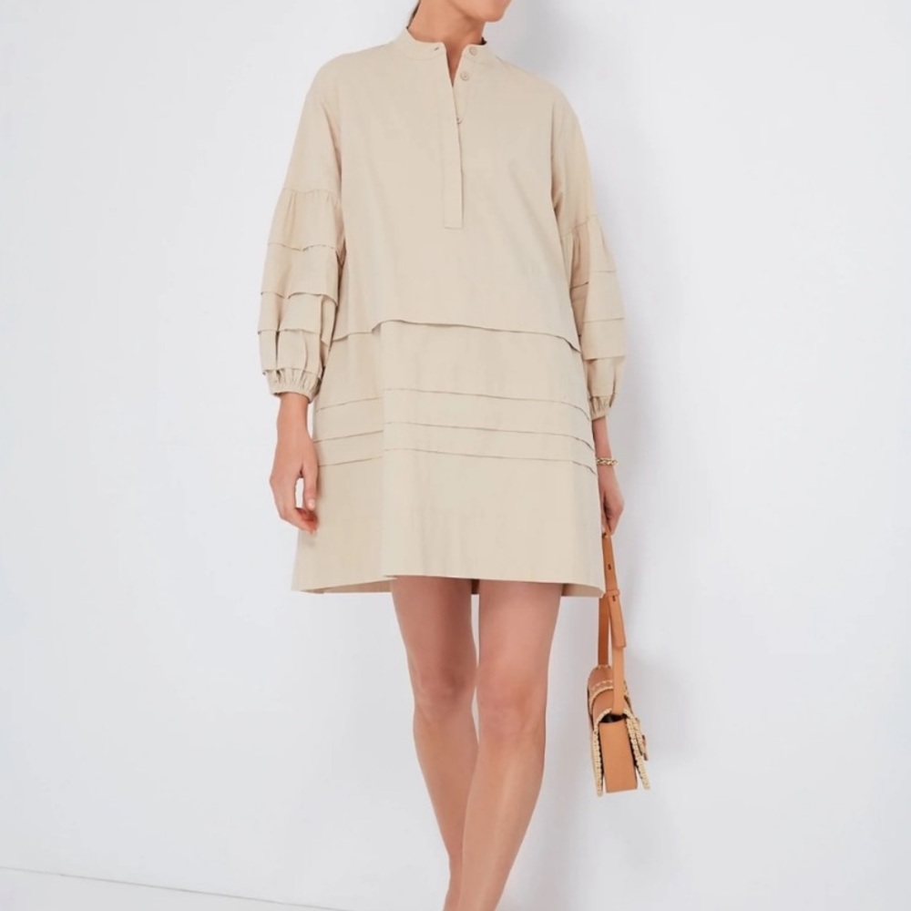 Pomander Place Cream Mini Dress with Mock Neck and Bishop Sleeves (SIZE M)